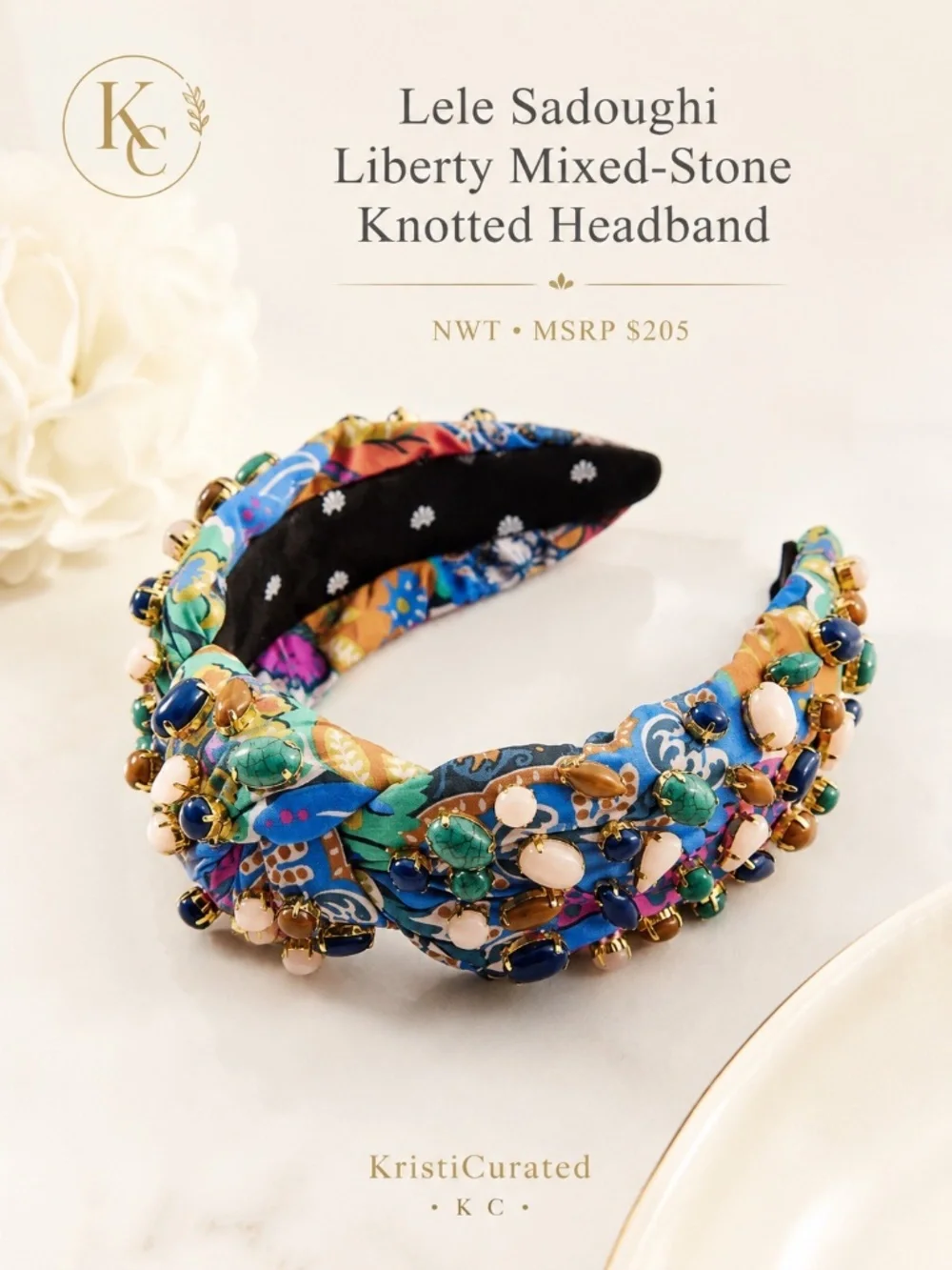 Lele Sadoughi Liberty London Mixed Stone Top Knot Headband NWT